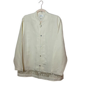 Field Manor Button Front Tunic Blazer Sz Large Linen Silk Blend Cream Lace